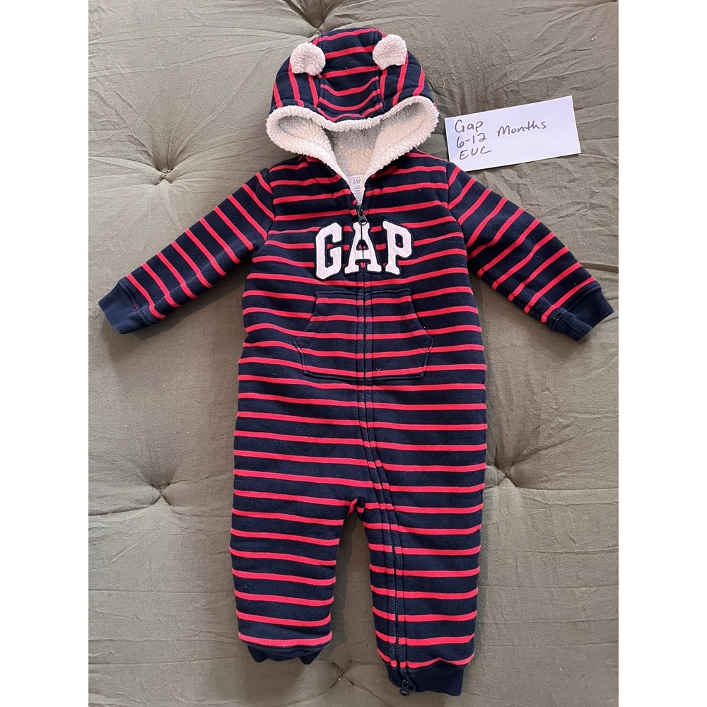 Baby GAP Logo Fleece Sherpa Lined Blue Red Hoodie w/ Ears 6-12M Warm Winter Suit